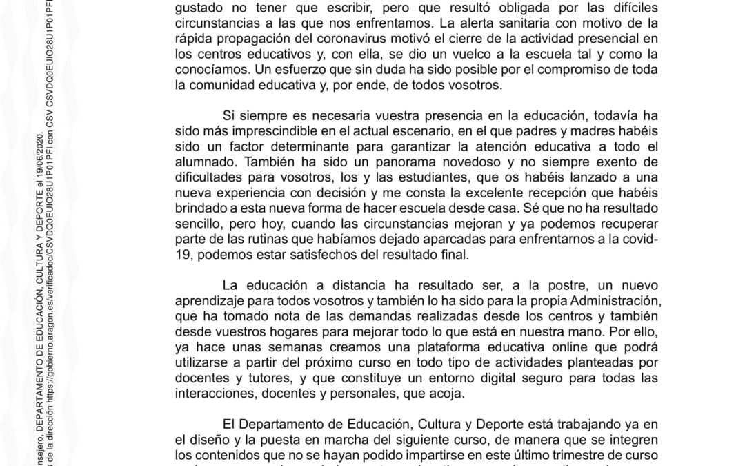 CARTA A LAS FAMILIAS DEL SR. FELIPE FACI