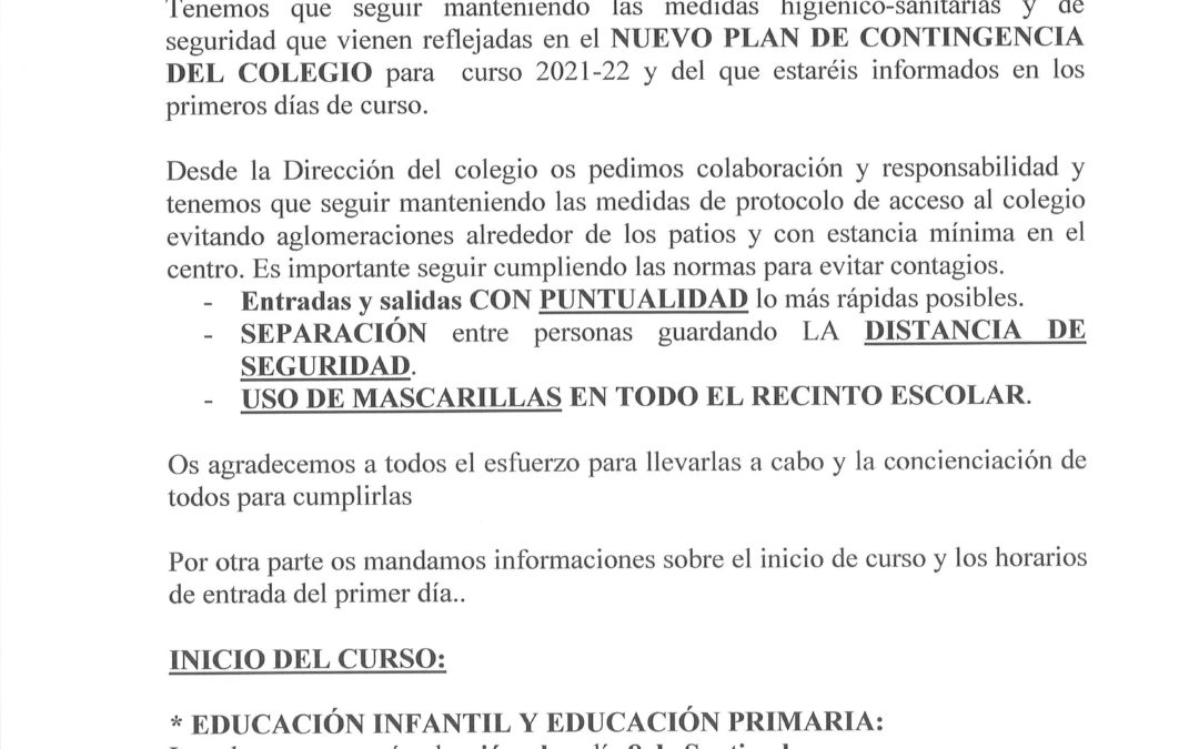 CARTA A LAS FAMILIAS SOBRE EL COMIENZO DEL PRÓXIMO CURSO