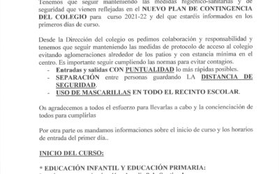 CARTA A LAS FAMILIAS SOBRE EL COMIENZO DEL PRÓXIMO CURSO