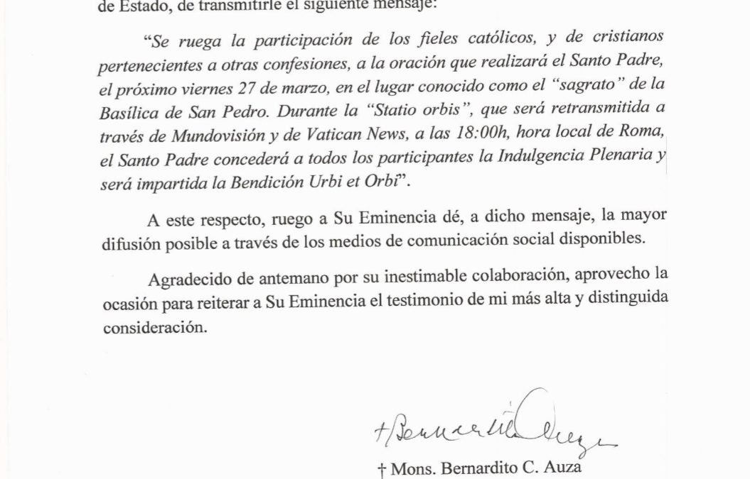 MENSAJE DE LA SECRETARIA DE ESTADO DE LA NUNCIATURA APOSTÓLICA EN ESPAÑA