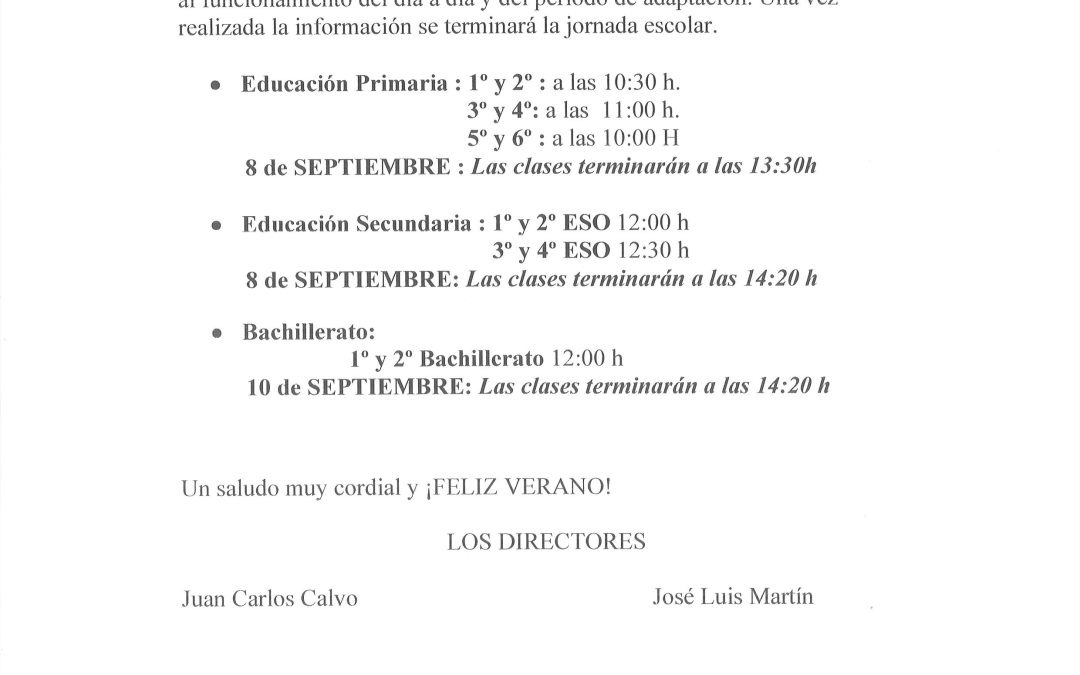 CARTA DE INICIO Y HORARIOS DEL CURSO 25/26.