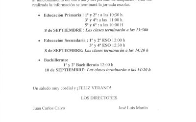 CARTA DE INICIO Y HORARIOS DEL CURSO 25/26.